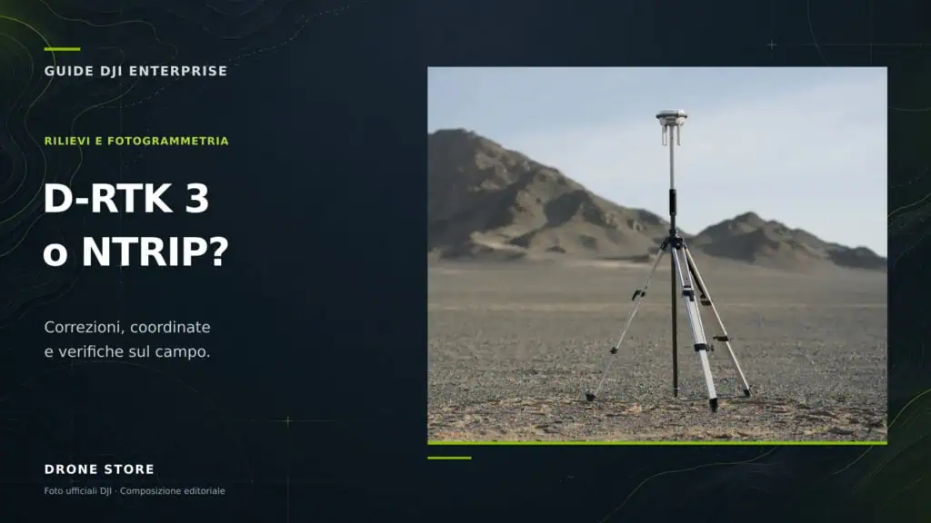 Stazione DJI D-RTK 3 su treppiede, da fotografia ufficiale DJI, nella copertina dedicata alle correzioni RTK e NTRIP.