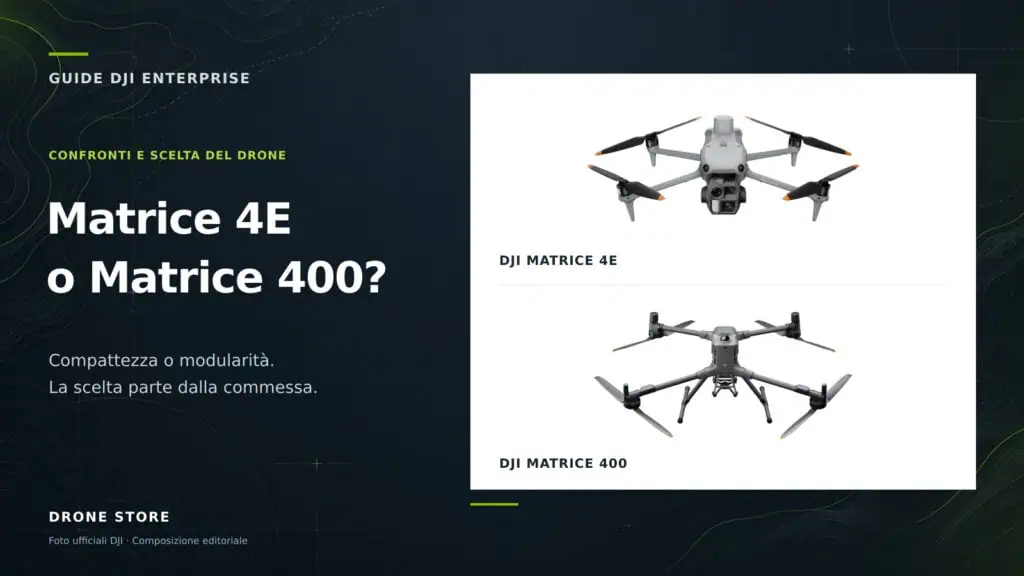 DJI Matrice 4E e Matrice 400 in una composizione con immagini ufficiali DJI per il confronto tra piattaforme da rilievo.